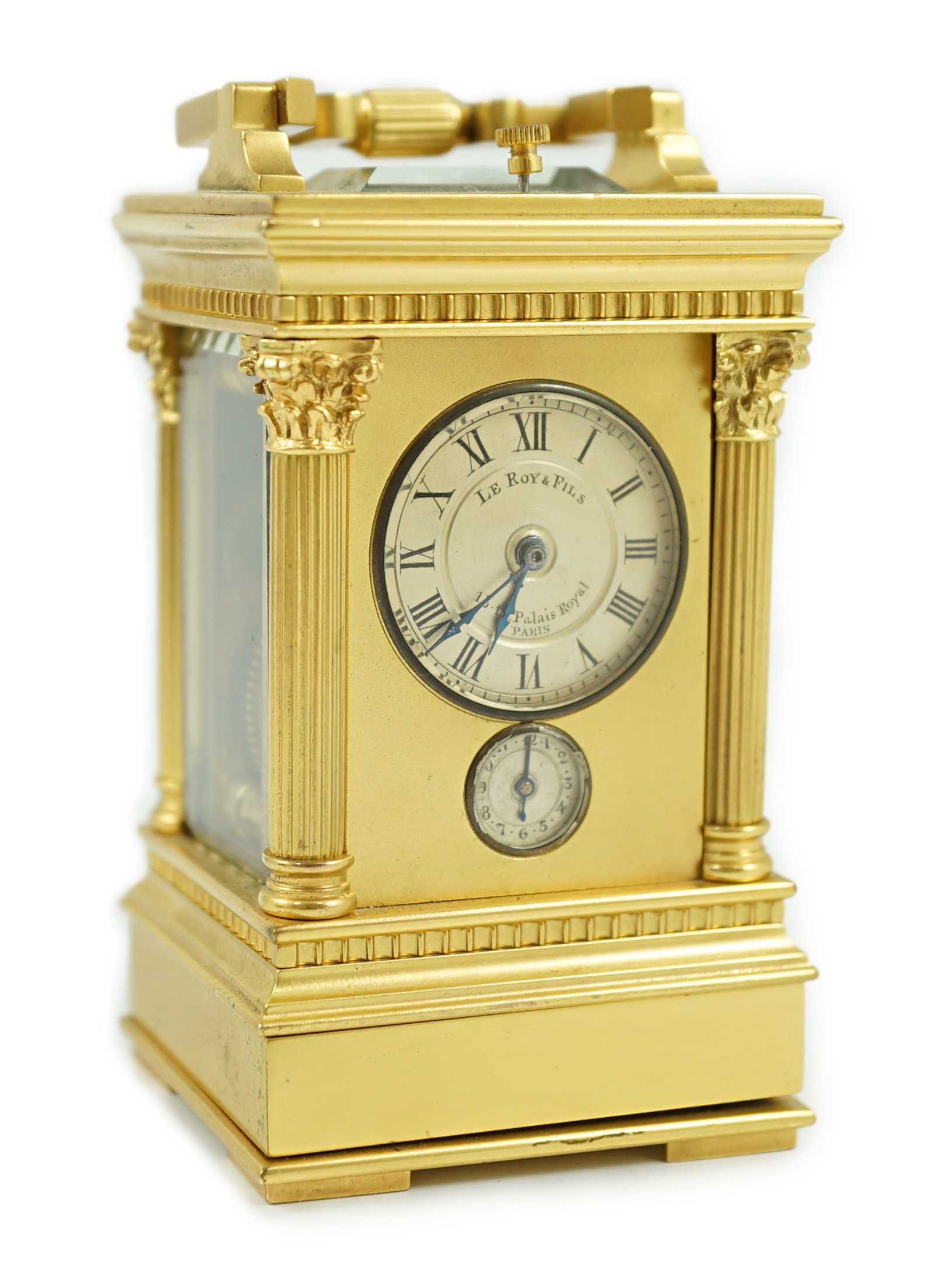 Le Roy & Fils, Palais Royale, Paris. A late 19th century French hour repeating miniature carriage alarum clock, 5cm wide, 4.5cm deep, 9.25cm high